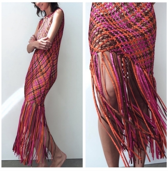 New Zara Satin Effect Woven Braided Fringe Blue Dress/Swim Cover-Up Blogger Fav - Picture 7 of 10